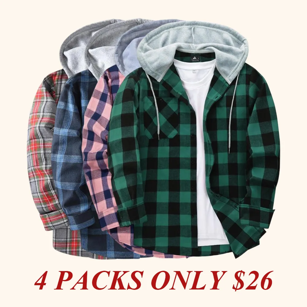Men's Plaid Print Button Front Drawstring Hooded Shirt, Regular Fit Casual Pocket Long Sleeve Outerwear