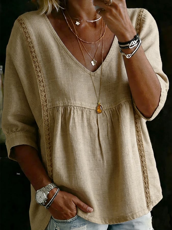 Women'S Color-Blocked Round Neck Lace-Trimmed Short-Sleeved Top