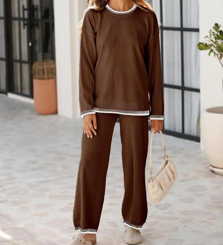 Chic Crew Neck Sweater & High Waist Loose Pants Casual Outfit