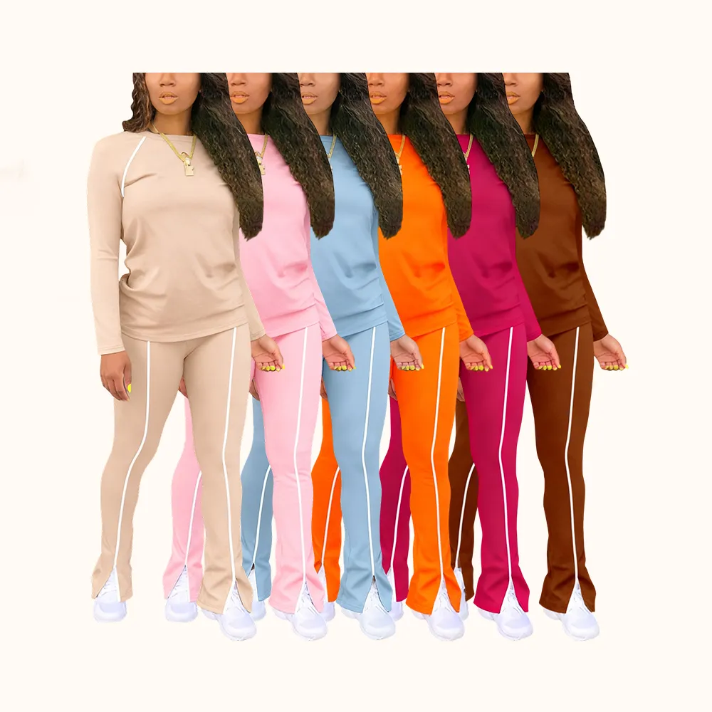 Women's Fashion New Round Neck Solid Color Patch Long Sleeve Top & Pants Set, Two-Piece for Casual Wear