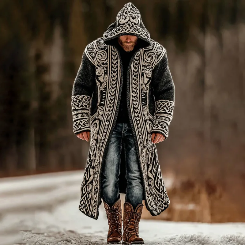 Men's Viking Celtic Knot Colorblock Mid-length Cardigan Sweater