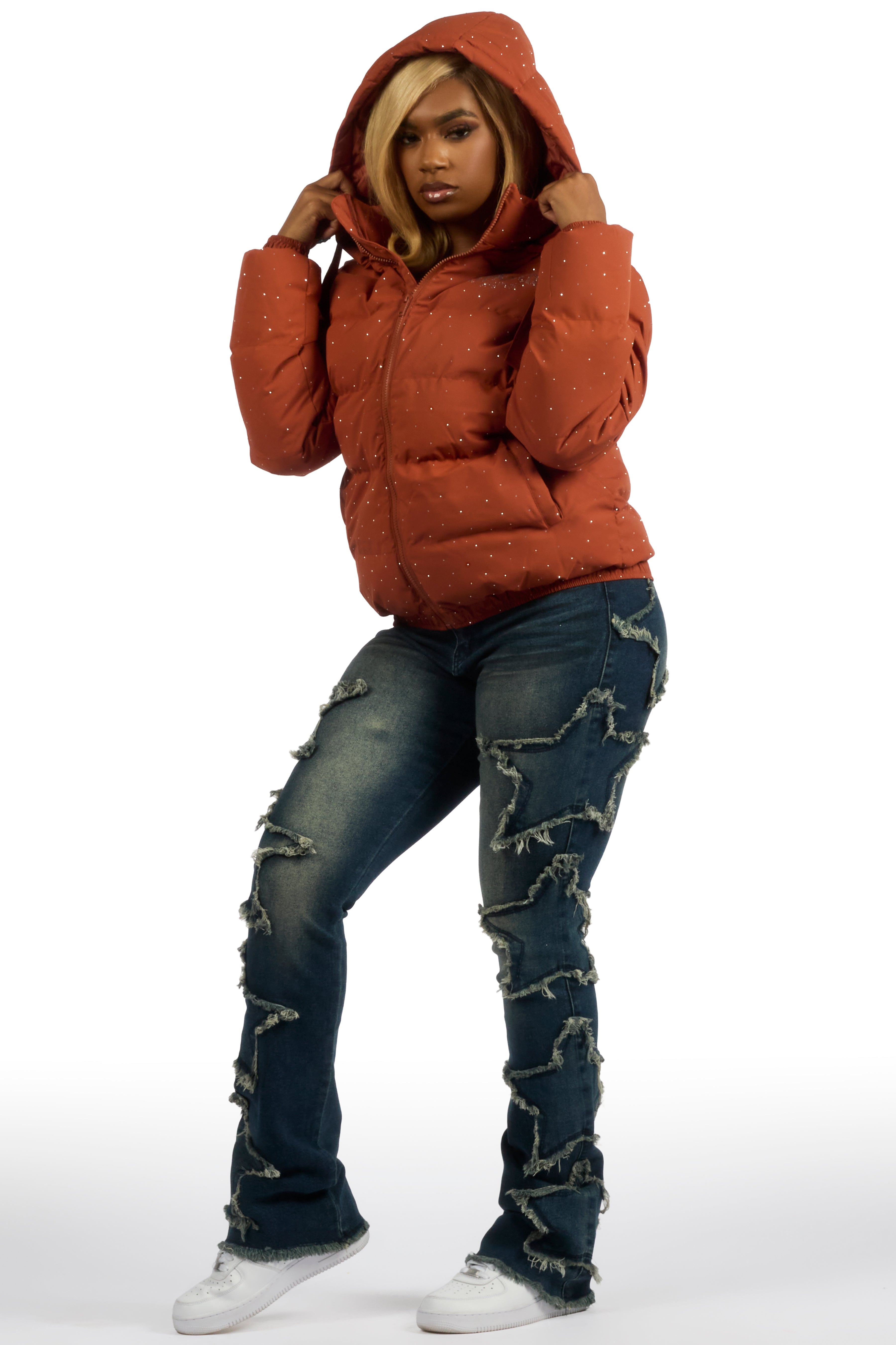 Onellia Mocha Rhinestone Puffer Jacket