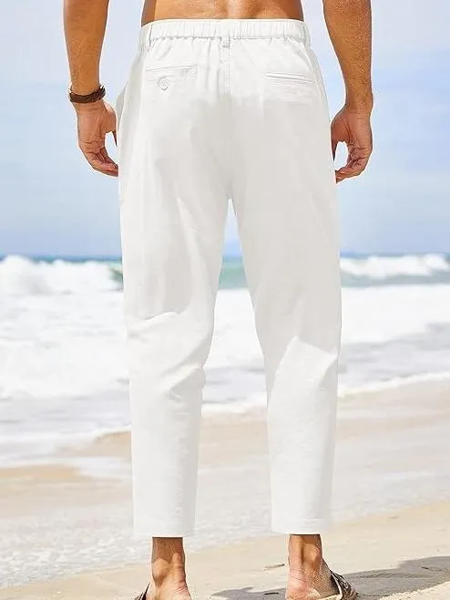 Men's Cotton Linen Pants Elastic Waist Lightweight Casual Pants Slim Fit Yoga Beach Pants