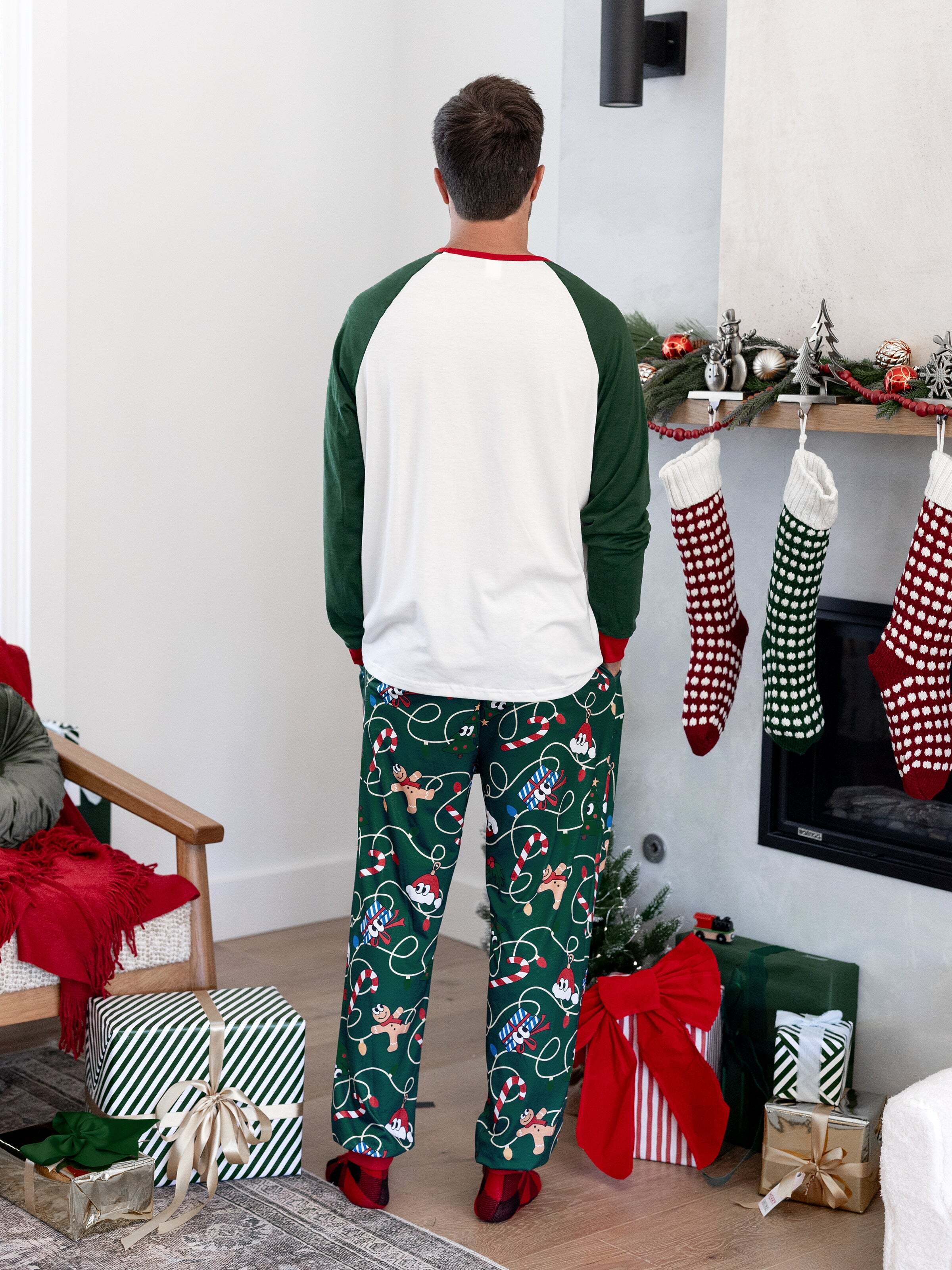 Christmas Matching Family Pajamas Set Gingerbread and Christmas Tree Green and White PJS with Christmas Socks Dark Green