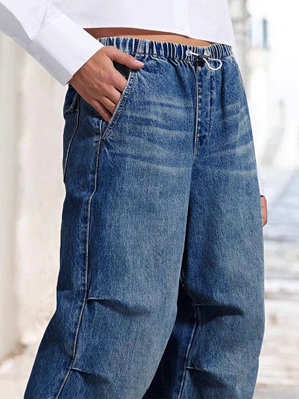 Drawstring Elasticity Gradient High Waisted Loose Jean Pants Bottoms