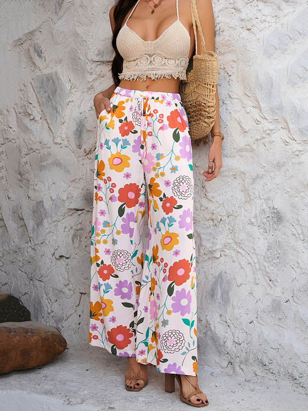 Contrast Color Drawstring Flower Print Pockets High Waisted Loose Trousers Pants