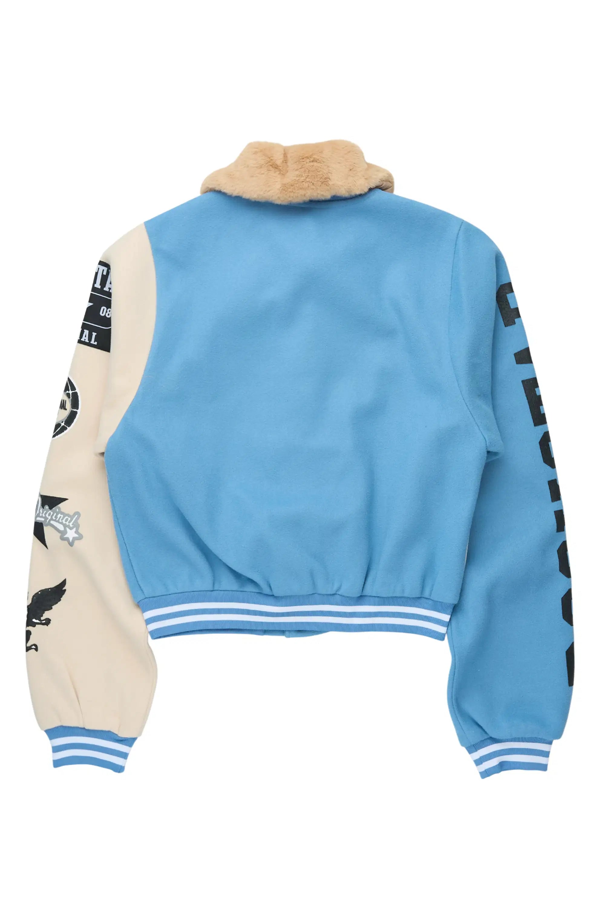 Kisha Blue/Tan Fur Collar Varsity Jacket