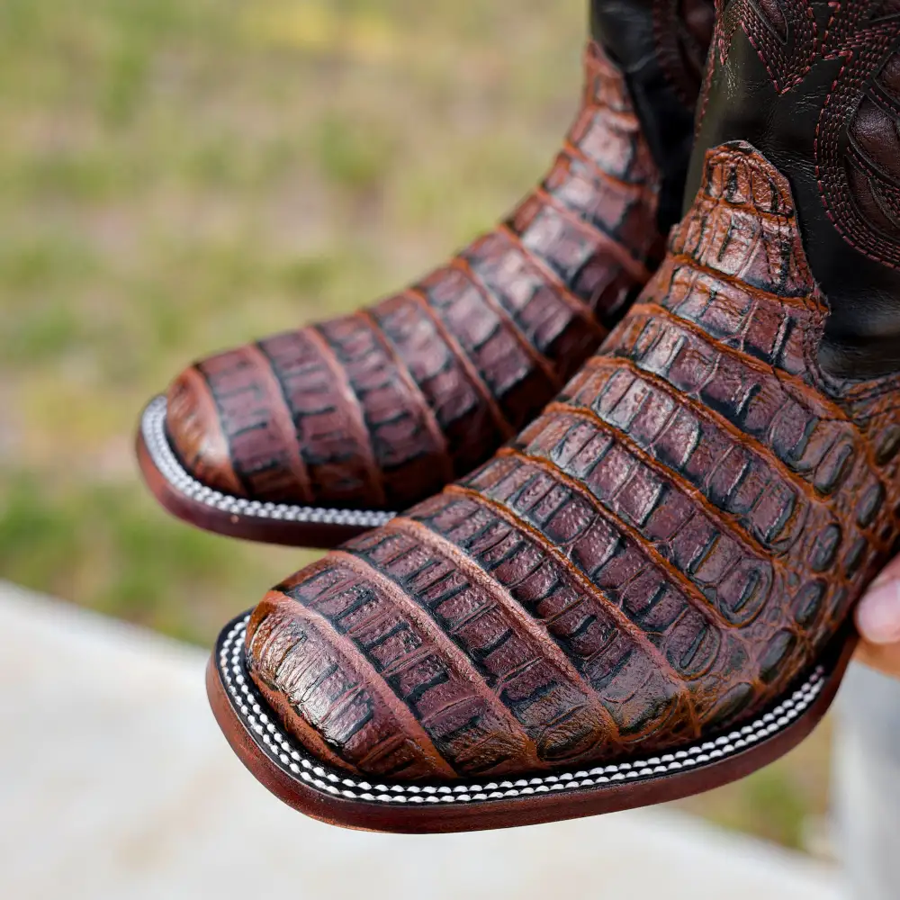 Chocolate Brown Caiman Hornback Leather Boots - Square Toe