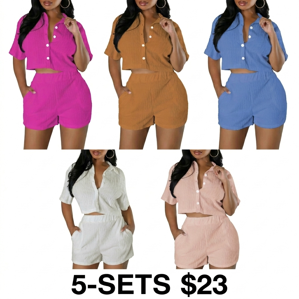 Women's 2-Piece Textured Button Front Shirt & Elastic Waist Shorts Set