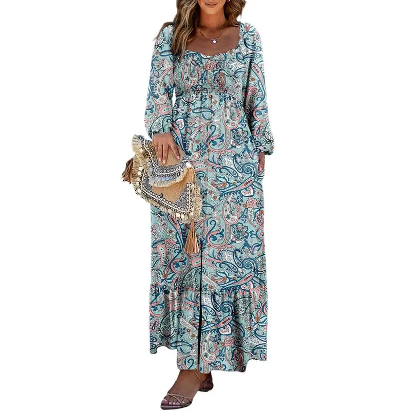 Boho Floral Smocked Square Neck Long Sleeve Maxi Dress
