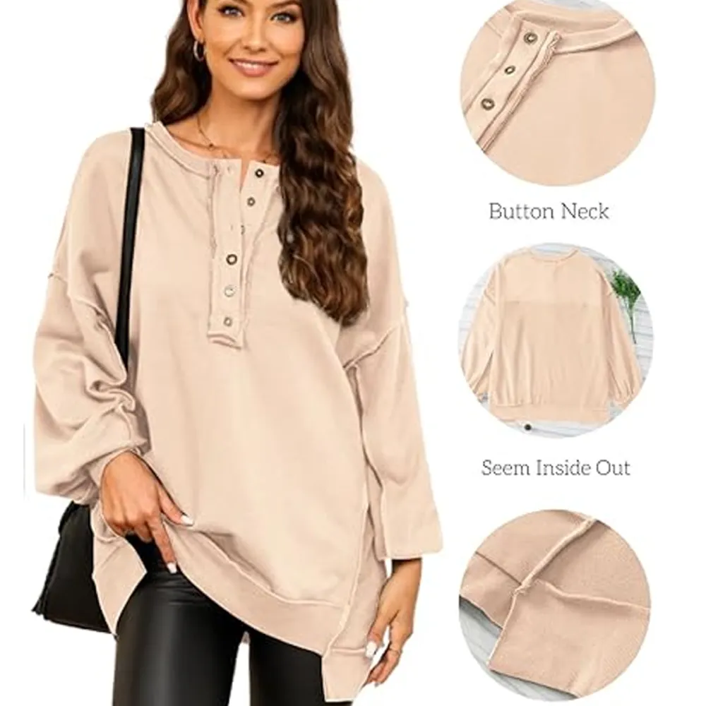 Women's loose-fitting casual long-sleeved button-up pullover shirt