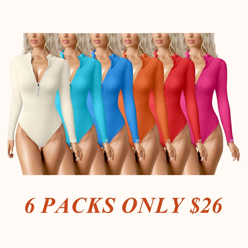 Women's 2 Piece Bodysuits Sexy Ribbed One Piece Zip Front Long Sleeve Tops Bodysuits