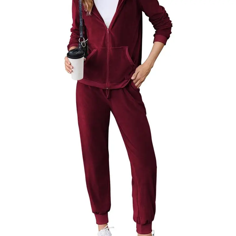 Women's Casual Velour Tracksuit Set Full Zipper Hoodie
