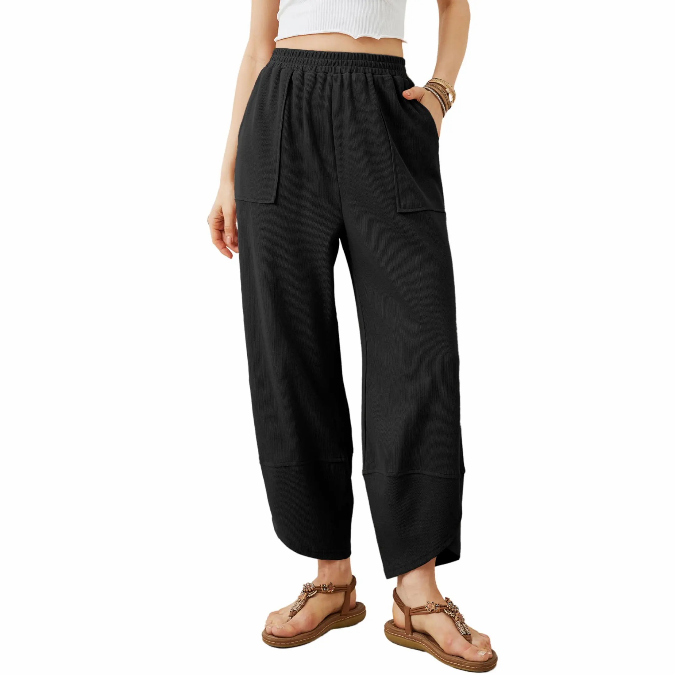 Women’s Elastic Waist Wide Leg Baggy Pants – Casual Harem Palazzo Pants with Pockets