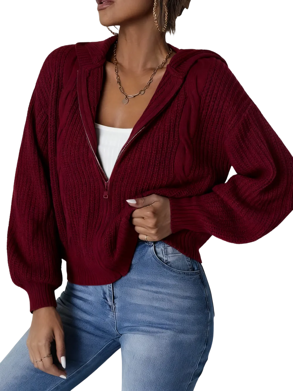Women's Plain Zip Up Hooded Cardigan