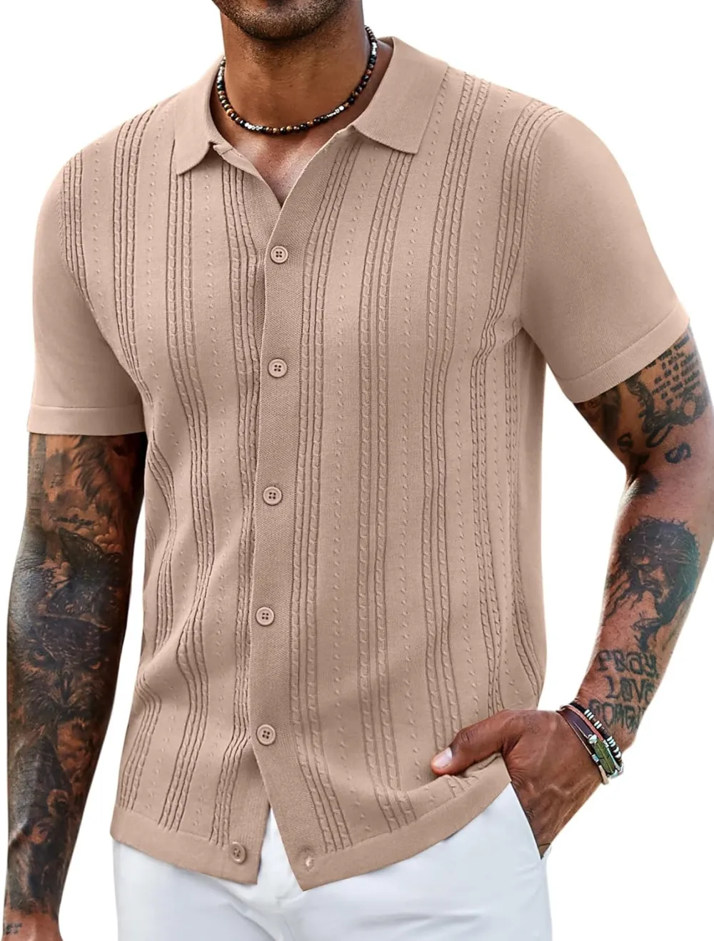 Men's Knit Shirts Short Sleeve Casual Button Down Polo Shirt Summer Beach Vacation Shirts Outfit Top