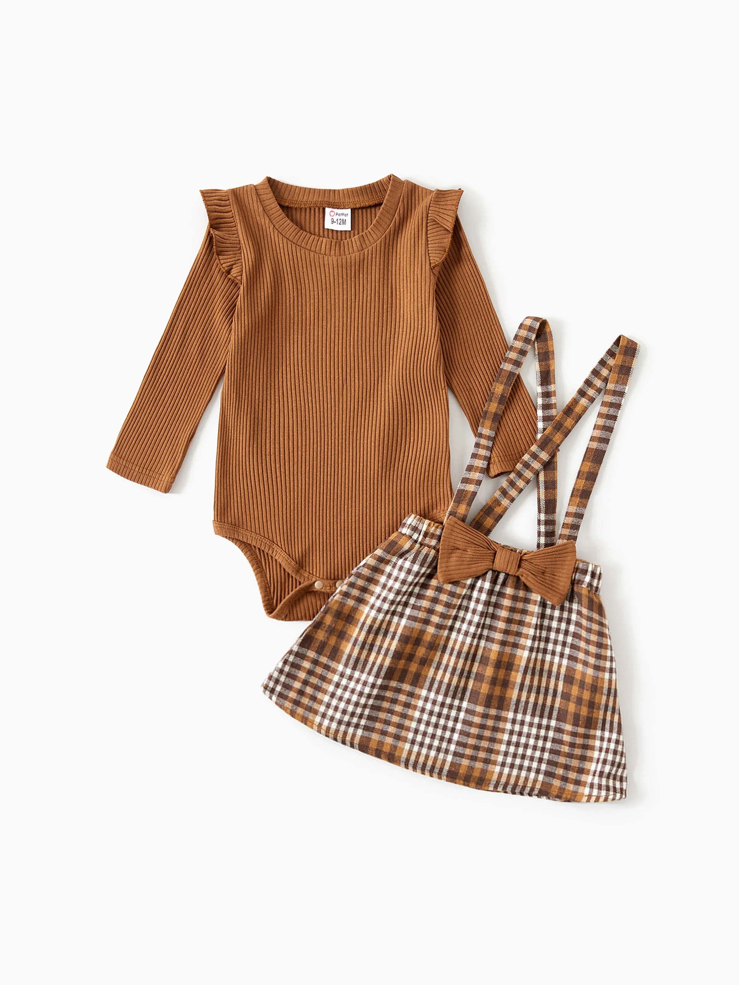 Family Matching Coffee Ribbed Spliced Plaid Belted Dresses and Long-sleeve Colorblock Tops Set Coffee