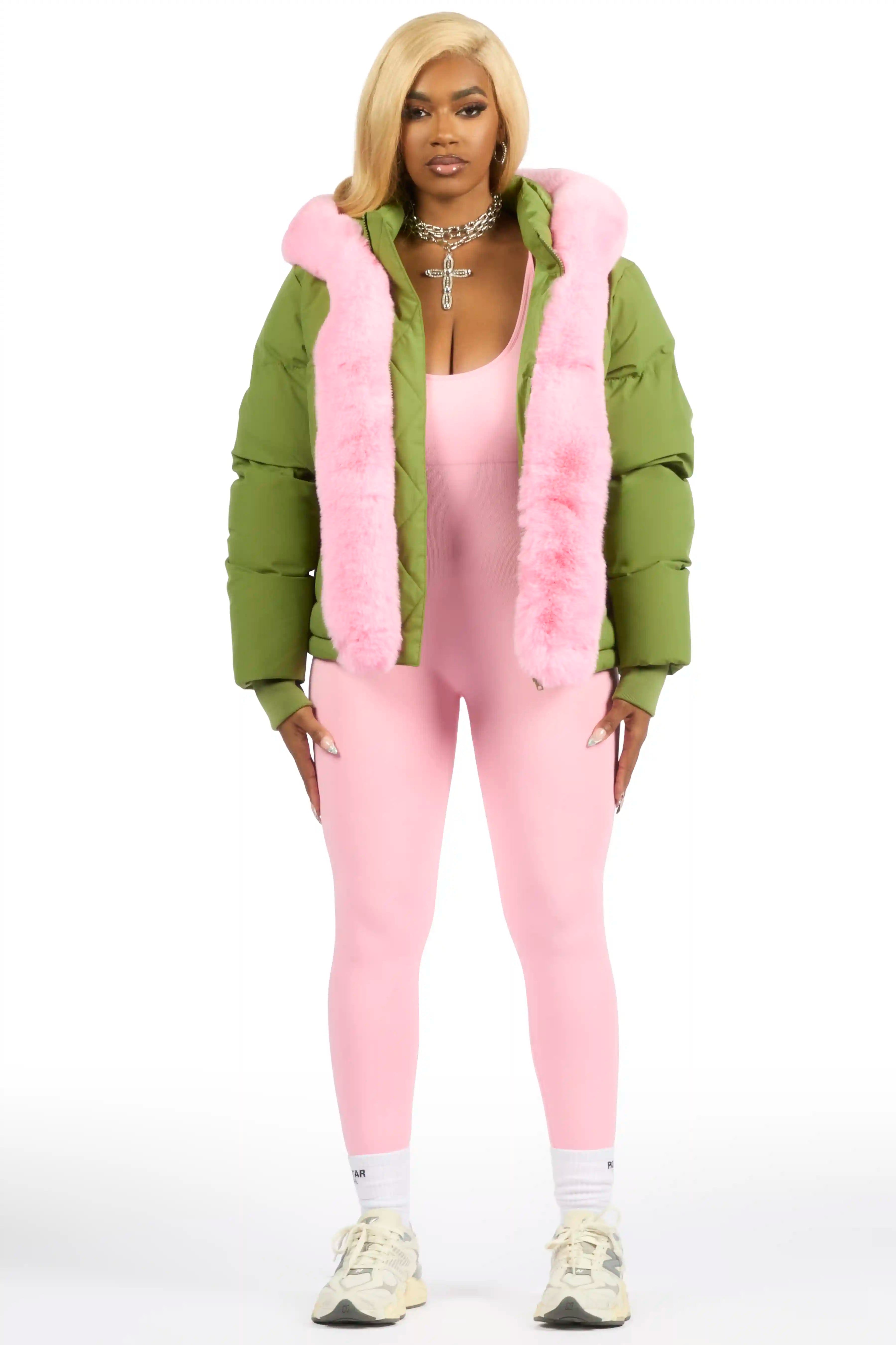 Dontaisha Olive Puffer Jacket With Fur Trim