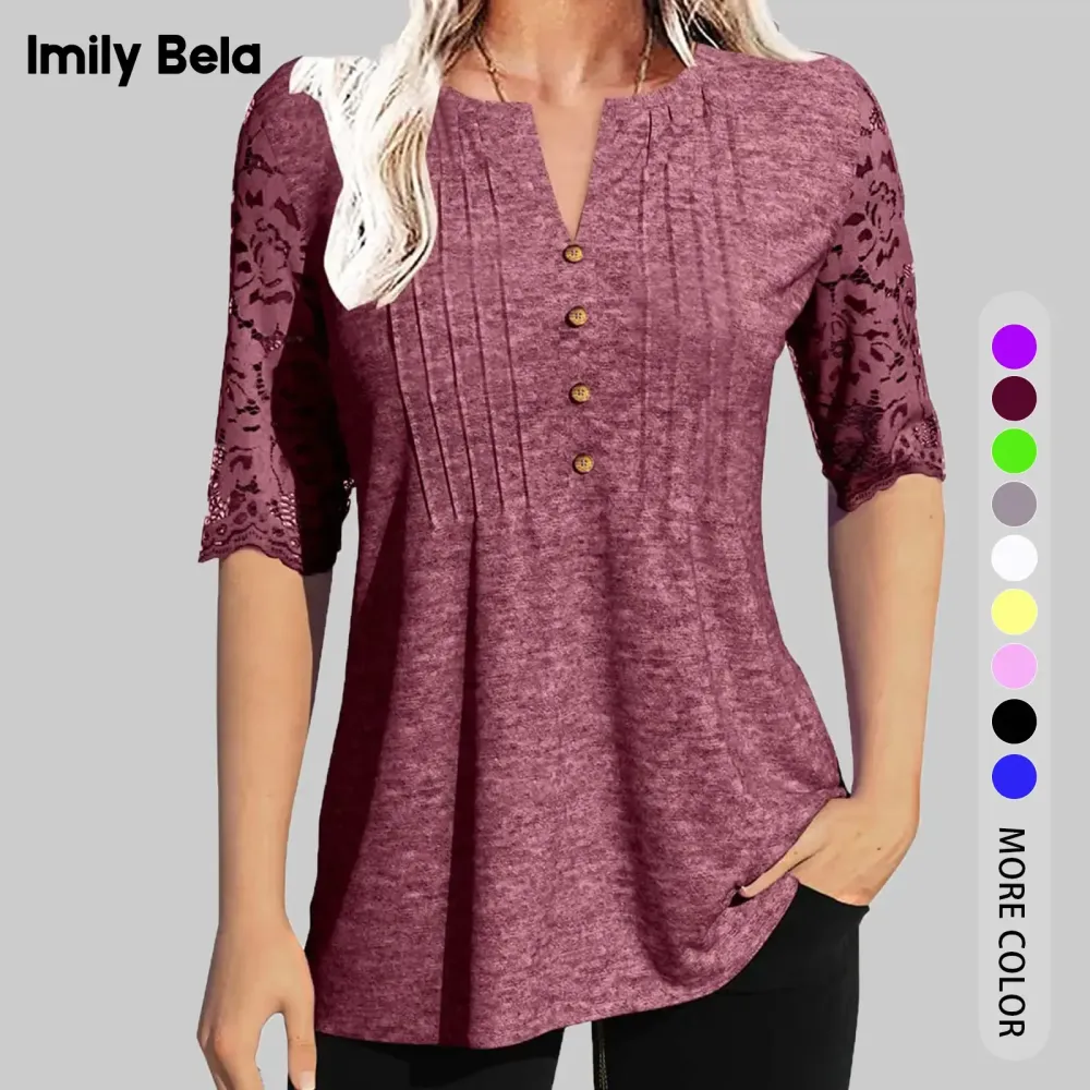 Women's Lace Sleeve Summer T-Shirt V-Neck Botton Up Basic Solid Color Casual Tunic Tops