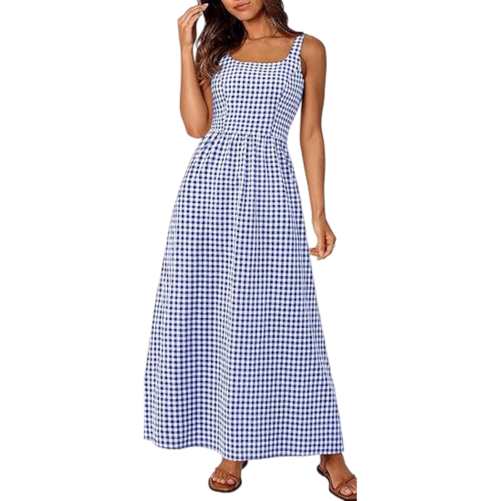 Women's Plaid Square Neck Maxi Dress, Spaghetti Strap A-Line Casual Beach Sundress