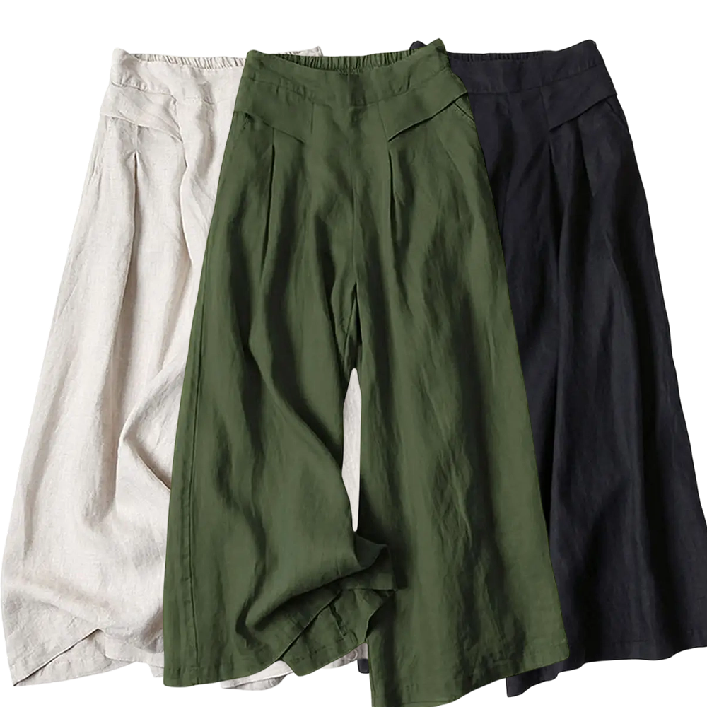 Women's Cotton Linen Culottes Pants Elastic Waist Wide Leg Palazzo Trousers Capri Pants with Pockets