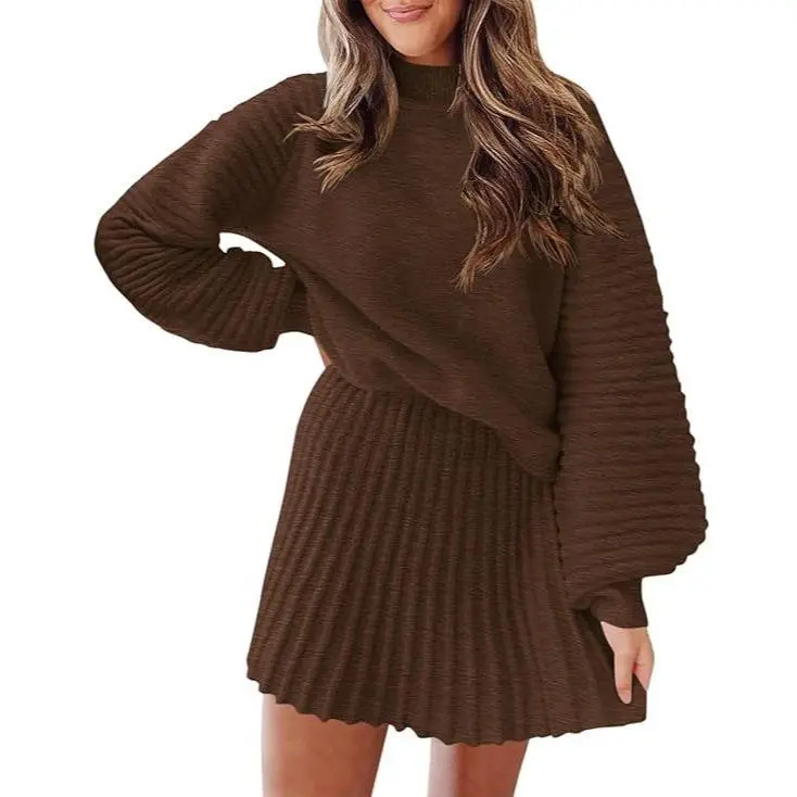 Women's long-sleeved sweater and mini skirt two-piece set
