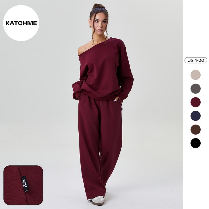 Women's Leisure Solid Color Sloping Shoulder Long Sleeve Top & Wide Leg Trousers Co-ord, Cozy Scoop Neck Loose Two Piece Outfits, Basic Womenswear