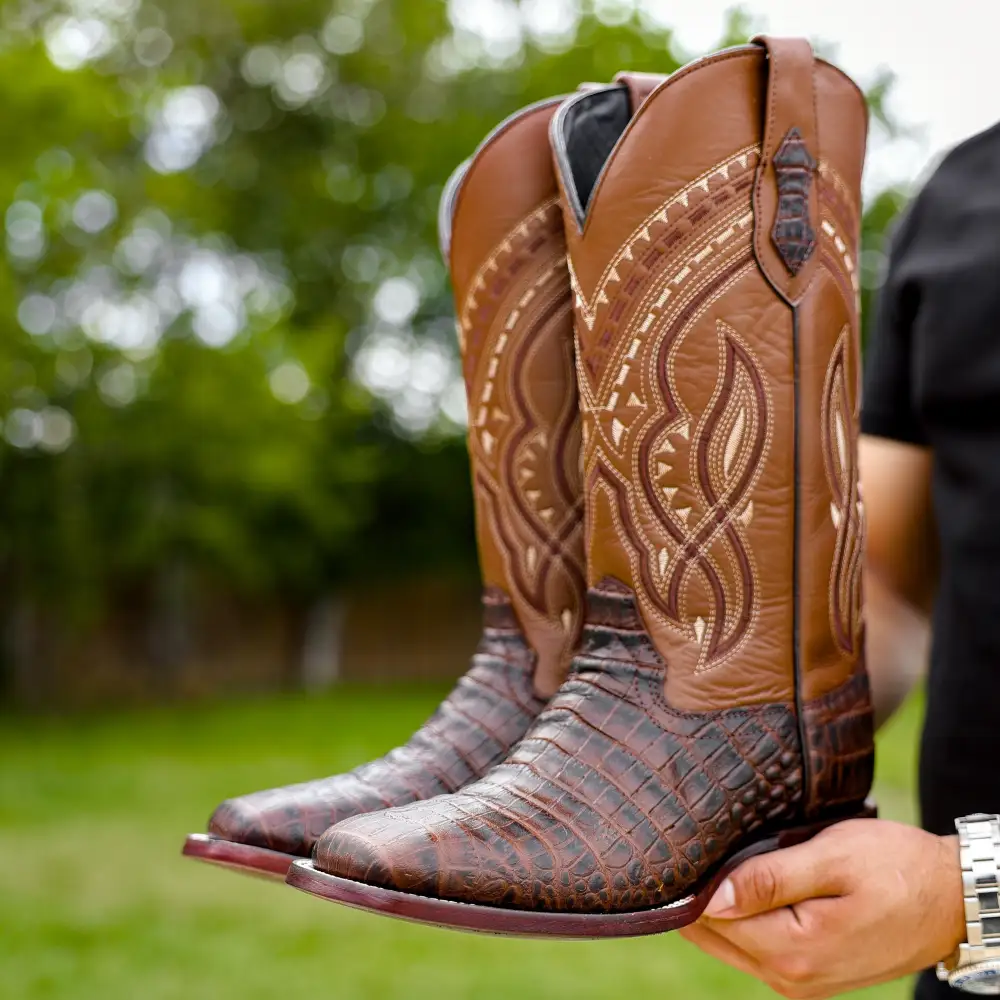 Brown Caiman Belly Leather Boots - Square Toe