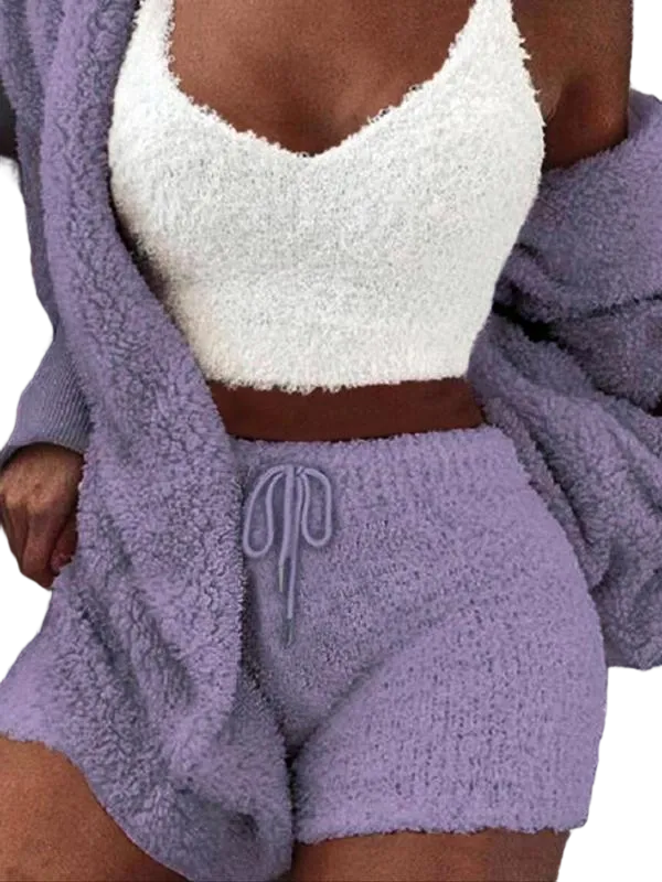 Women's Solid Color Plush Three-piece Pyjama Set