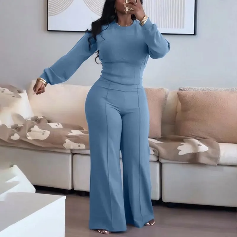 Women's 2 Pieces Outfit O-neck Long Sleeve Cinched Waist Sweatshirt and Elastic Waist Wide Leg Pants Set