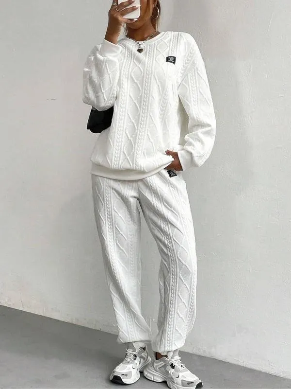 Women's Solid Patched Drop Shoulder Sweatshirt & Elastic Waist Pants Two-piece Set