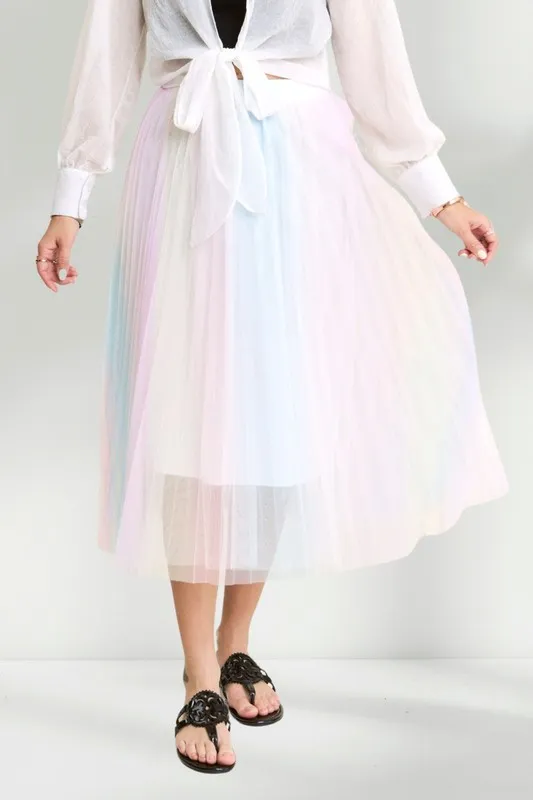 Pleated Mesh Flare Midi Skirt