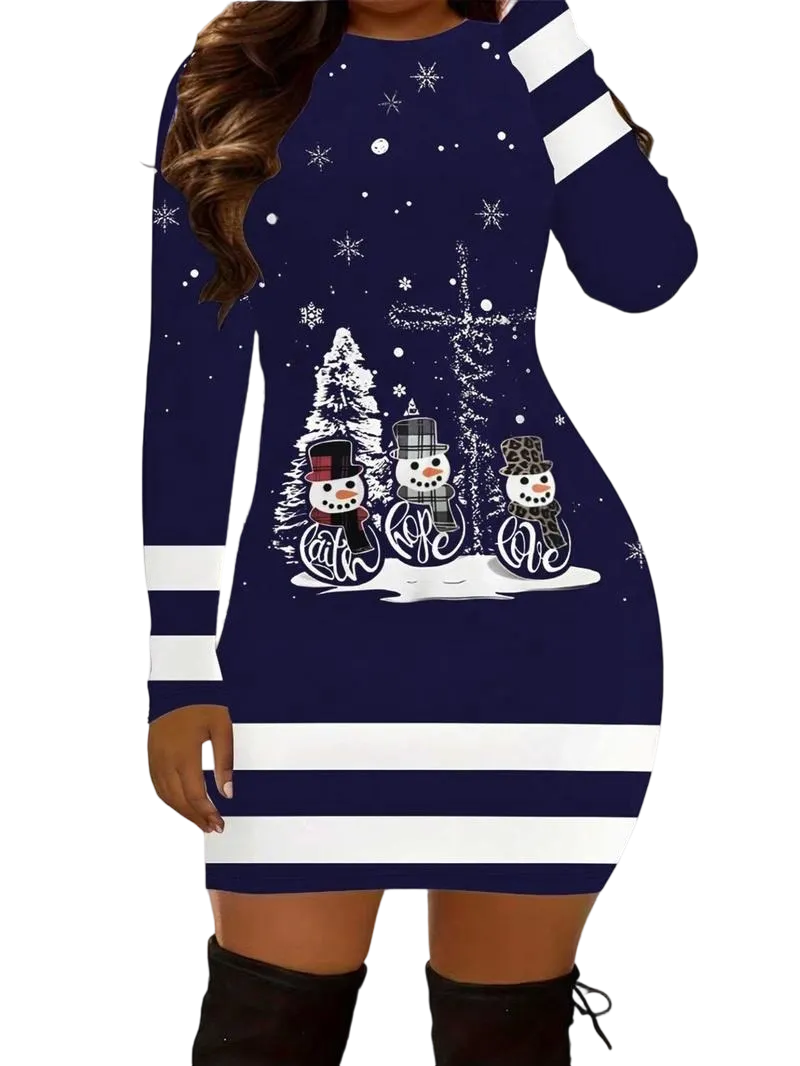 Women's Casual Christmas Print Striped Slim Fit Dress