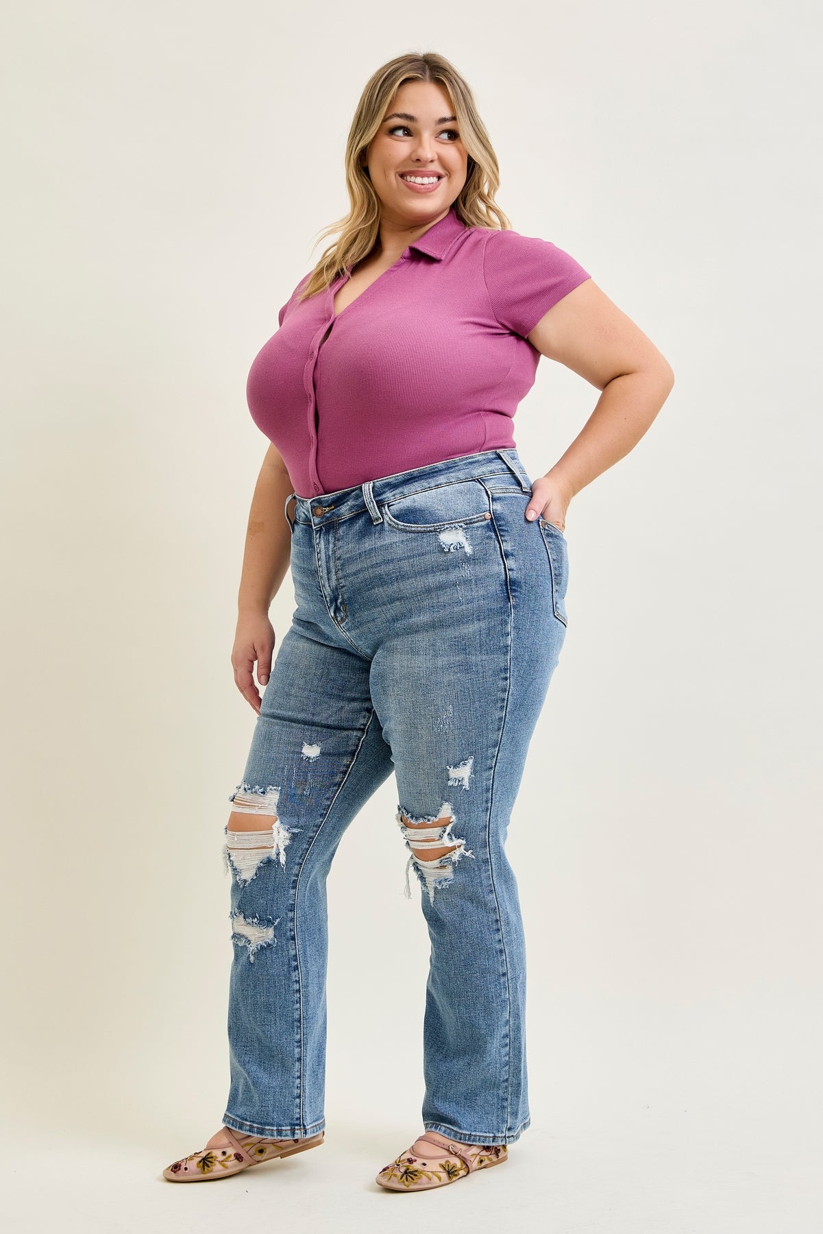 Daisy Stone Wash Ripped Bootcut Jeans - PLUS