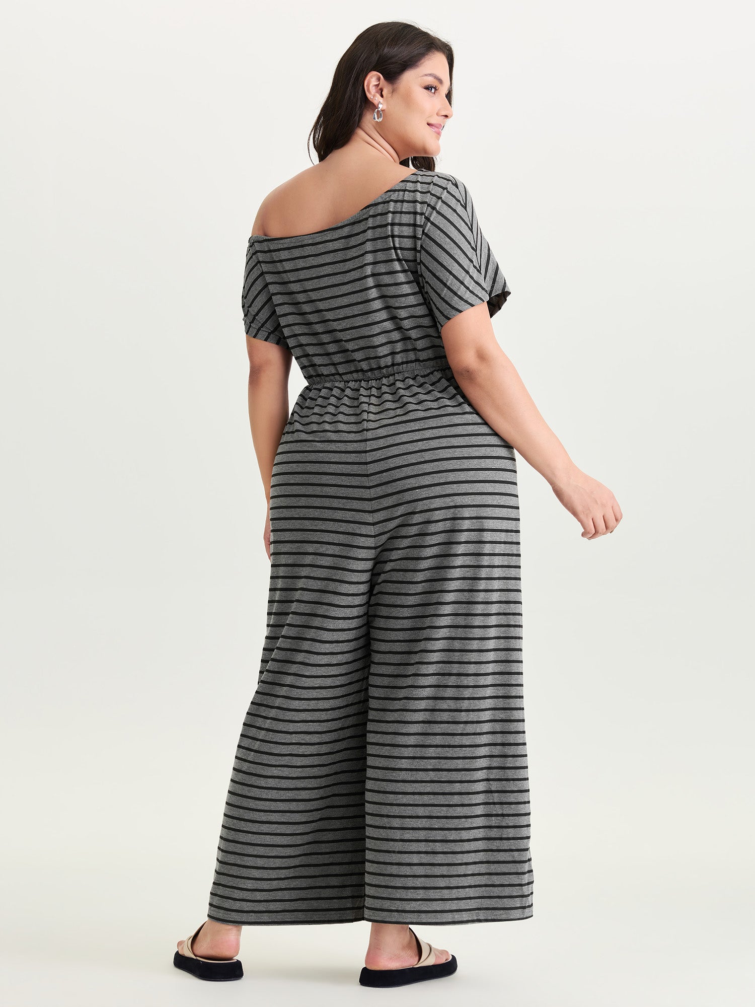 Striped One-Shoulder Pockets Jumpsuit