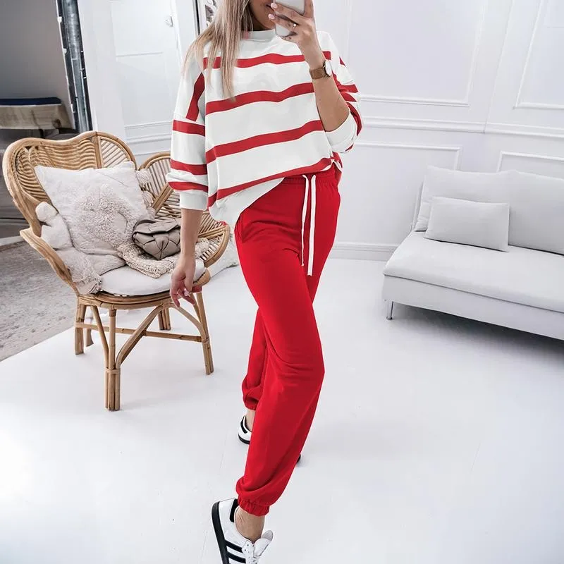 Women's Striped Two Piece Outfit Long Sleeve Drop Shoulder Pullover Tops & Jogger Pants Sets