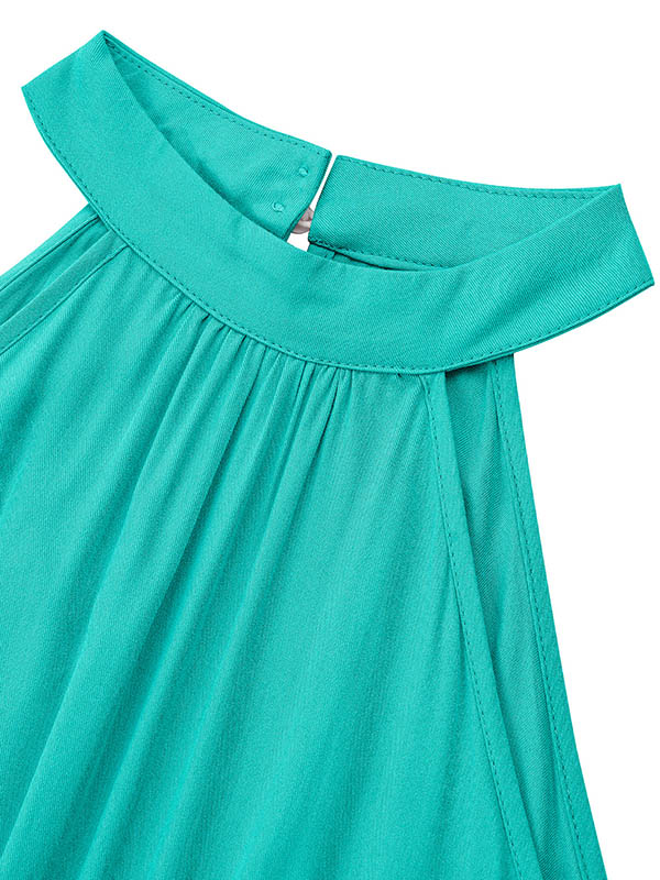 Pleated Solid Color Split-Front Tied Waist High Waisted Loose Halter-Neck Jumpsuits