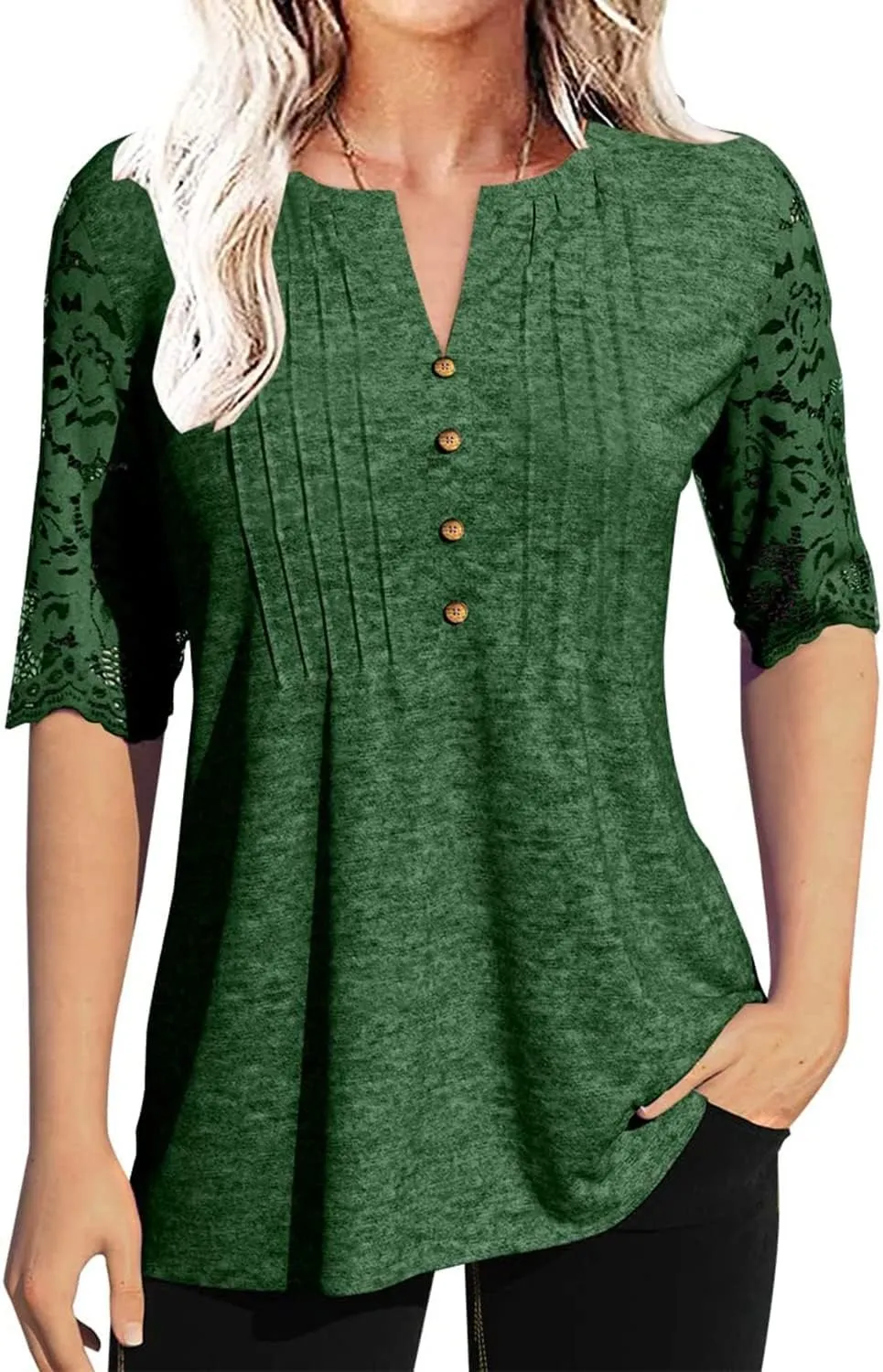 Women's Lace Sleeve Summer T-Shirt V-Neck Botton Up Basic Solid Color Casual Tunic Tops