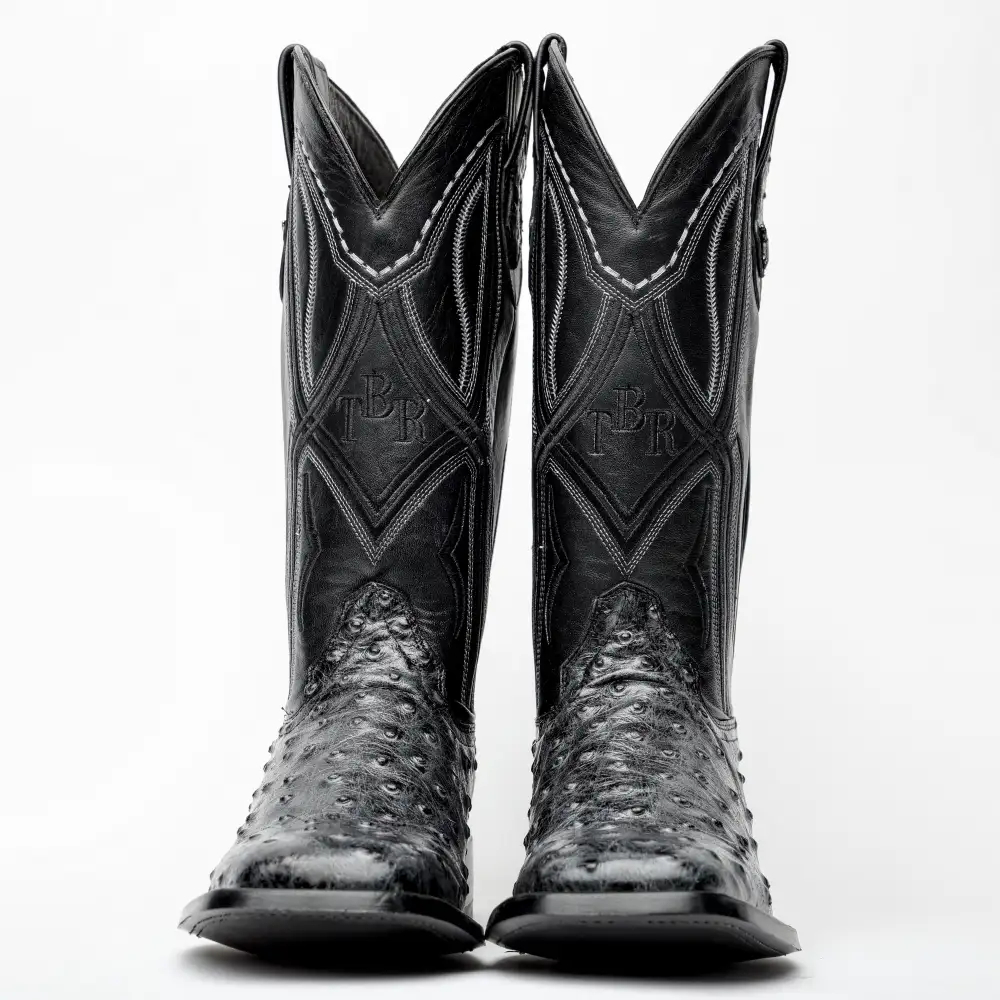 Grey Ostrich Leather Boots - Square Toe