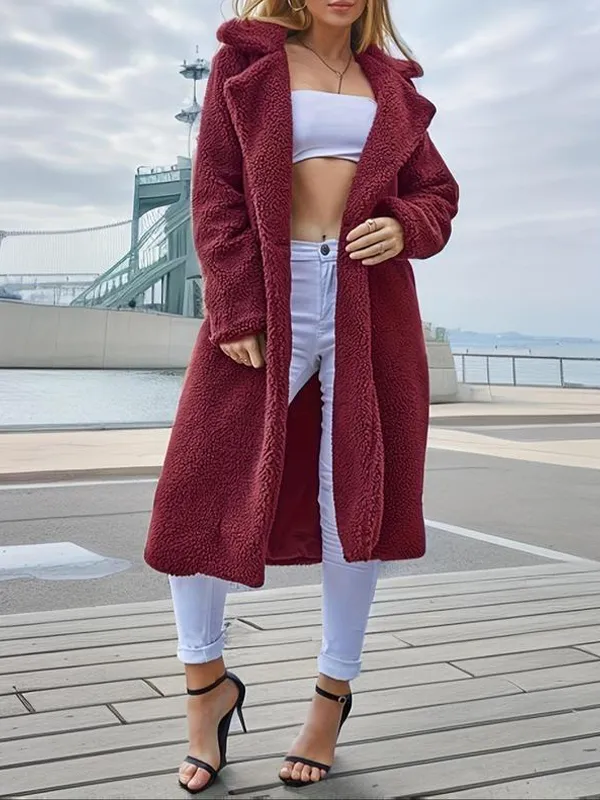 Women's Plain Pocket Button Front Faux Fur Coat