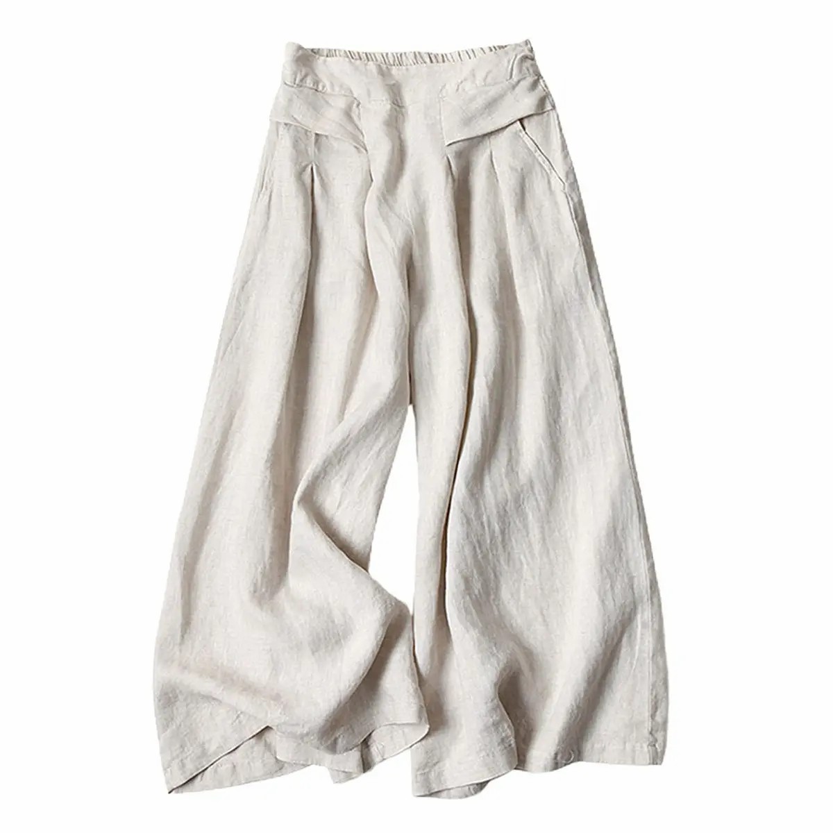 【Stock Up Deals】Women's Cotton Linen Culottes Pants Elastic Waist Wide Leg Palazzo Trousers Capri Pants with Pockets