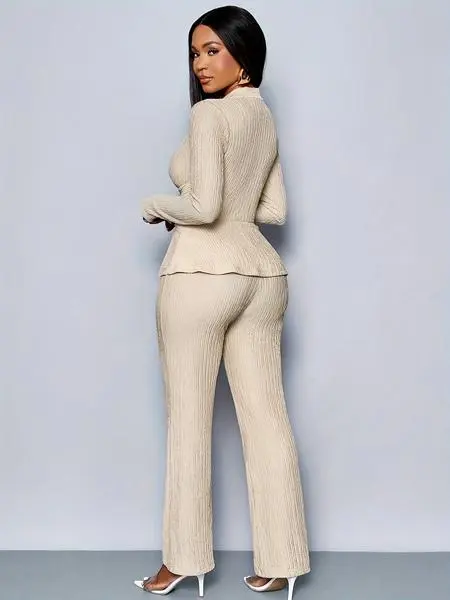 Elegant V-Neck Long Sleeve Top & Wide Leg Pants Set