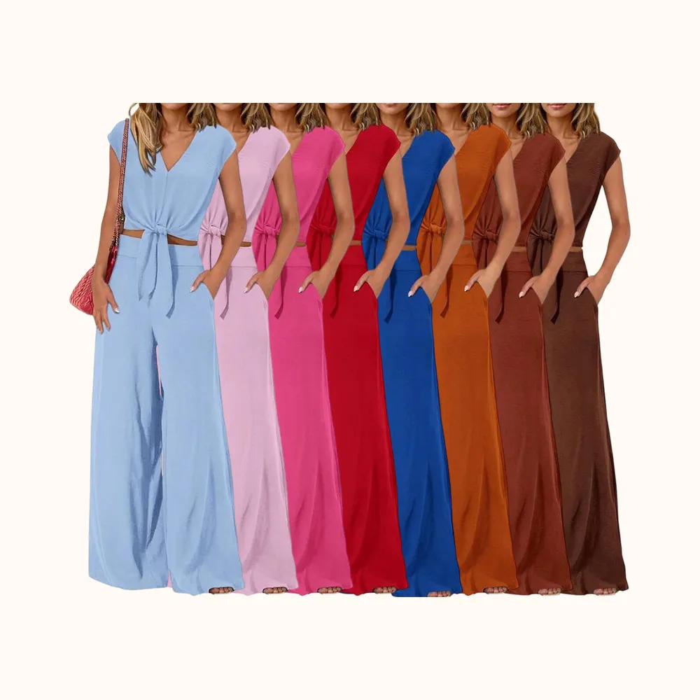 Women's Summer 2 Piece Outfits Cap Sleeve V Neck Belted Crop Tops Wide Leg Pant Sets