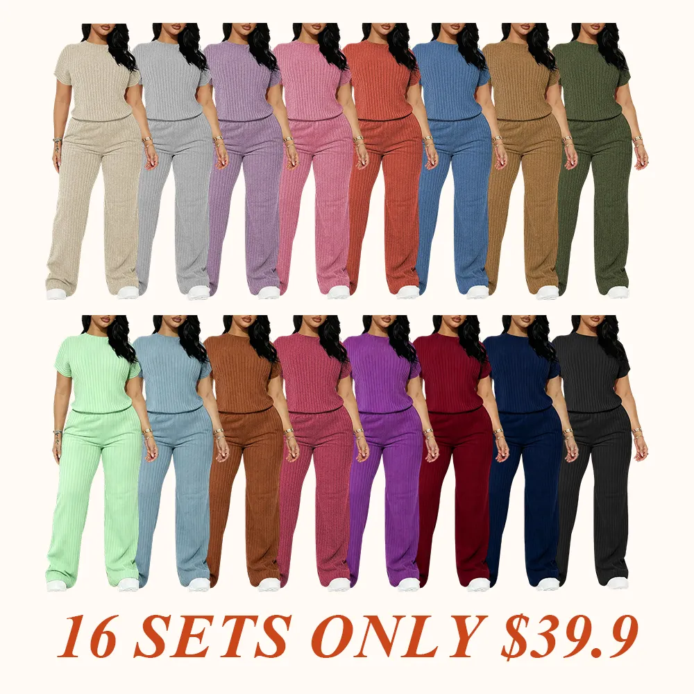 Women's Solid Shortsleeve Crewneck Ribbed Top & Wide Leg Pants Minimalist Casual Fitted