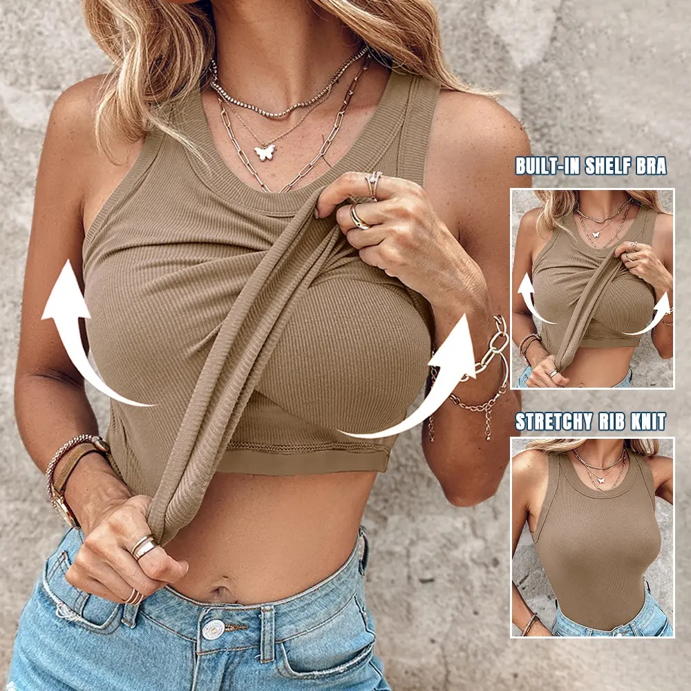 Women’s Ribbed Racerback Tank Top with Built-In Bra
