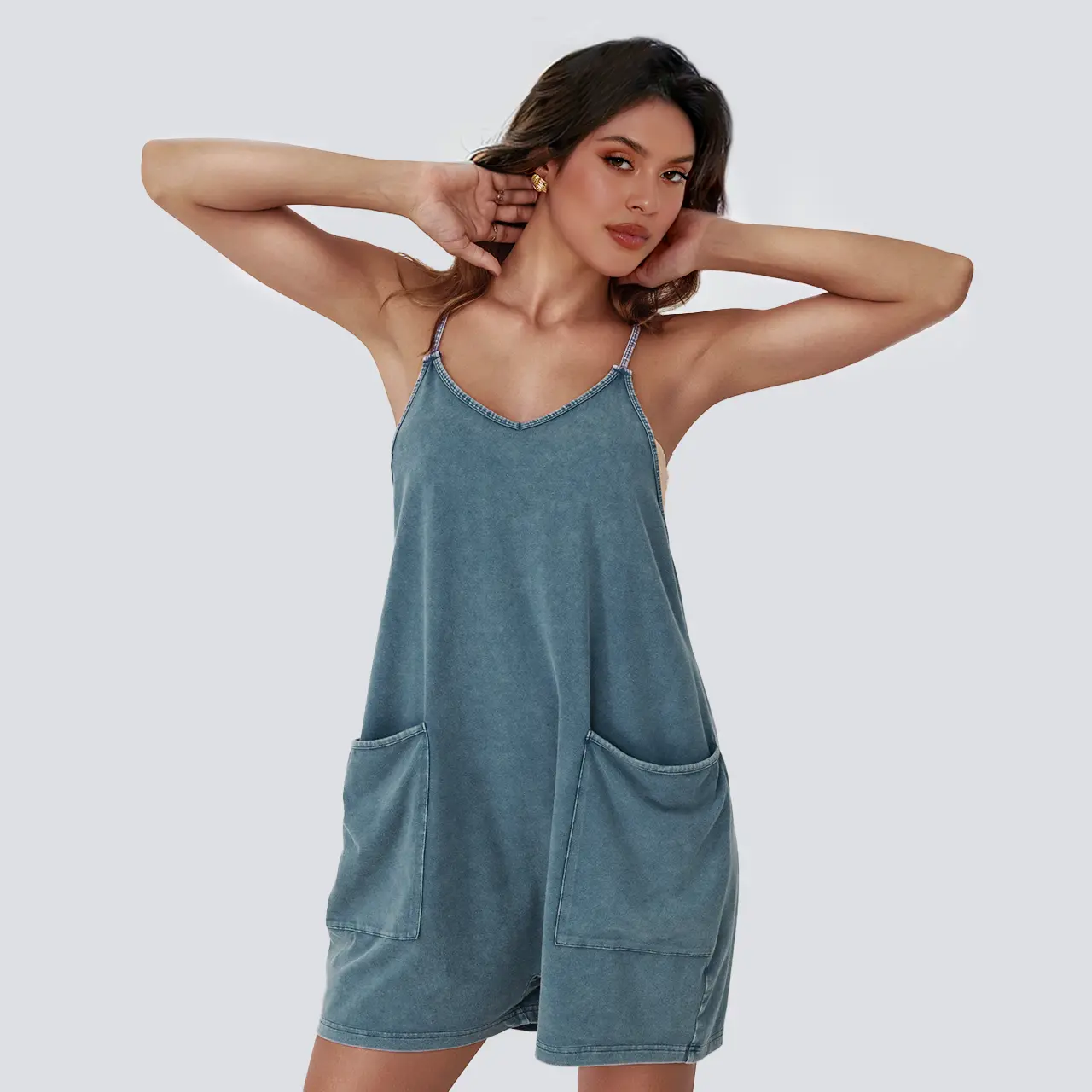 Loose Romper- Vintage Acid Wash Womens Sleeveless Casual Summer Spaghetti Strap Overalls Shorts Jumpsuit with Pockets