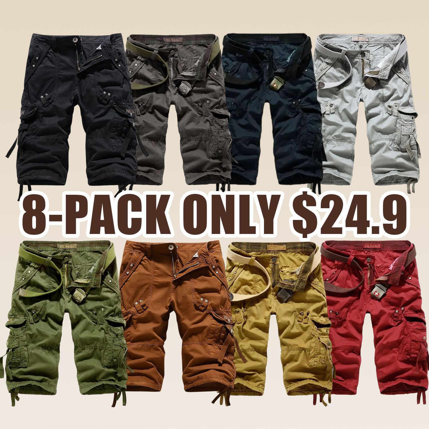 Men's Korean Style Multi-Pocket Cargo Shorts Fashion Trend Multi-Pocket Mid-Length Shorts Men's Casual Shorts Pants Cotton Fabric Khaki Menswear Cropped