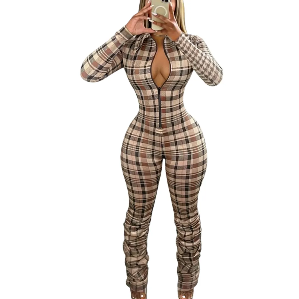 Women's timeless houndstooth jumpsuit with zipper closure