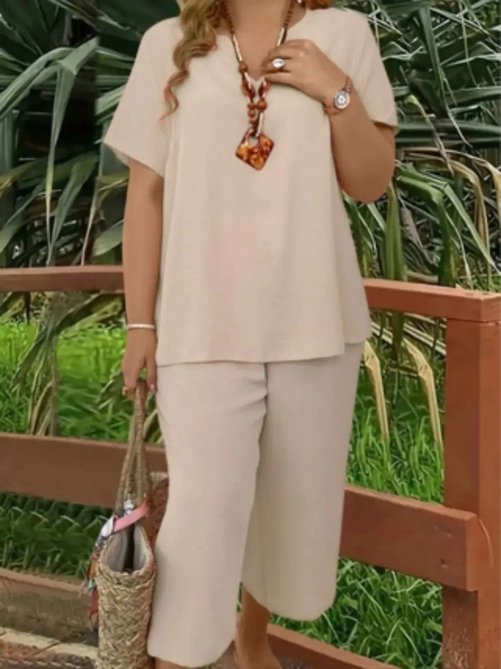 Women's Solid Color Short Sleeve Fashion Top & Casual Wide Leg Pants Set, Summer, Comfortable & Stylish