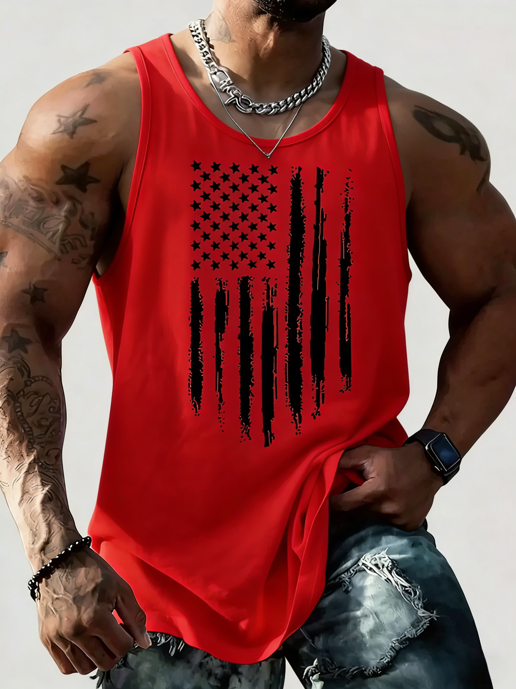 Men's American Flag Graphic Print Round Neck Tank Top Vest
